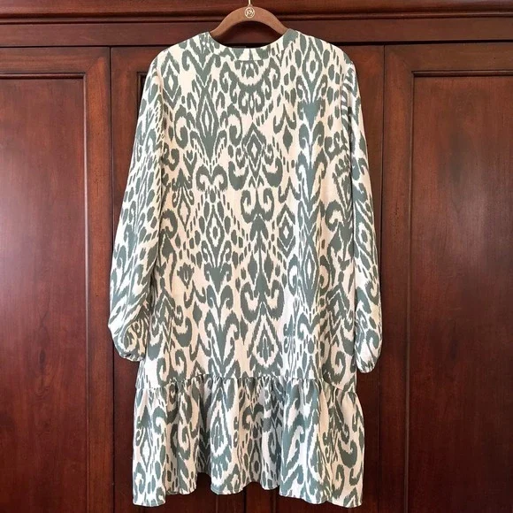 New Rachel Zoe Size XL Green White Dress Long Sleeve V-Neck Knee Length Tiered - Picture 3 of 11